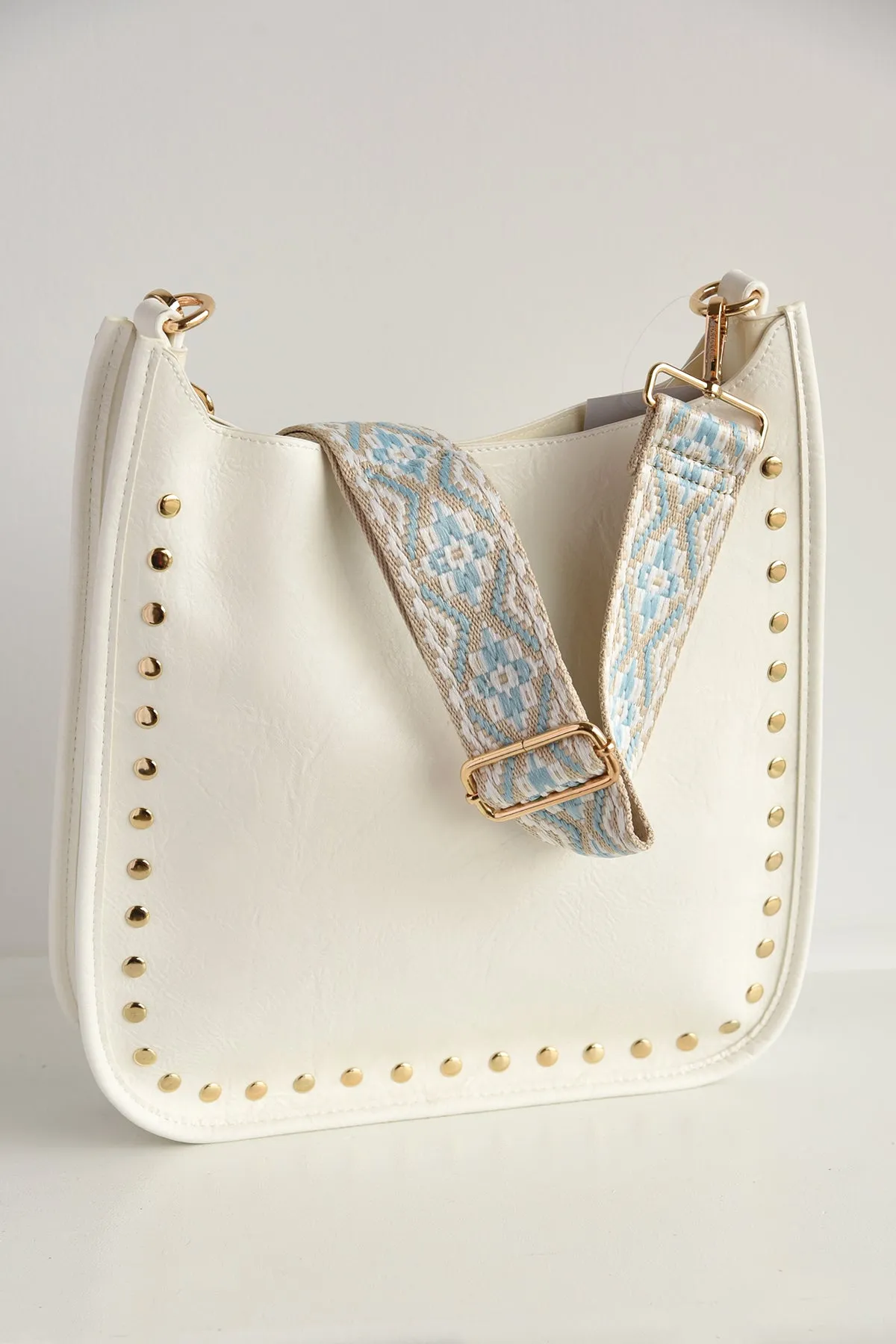 AHDORNED STUDDED WHITE LEATHER MESSENGER