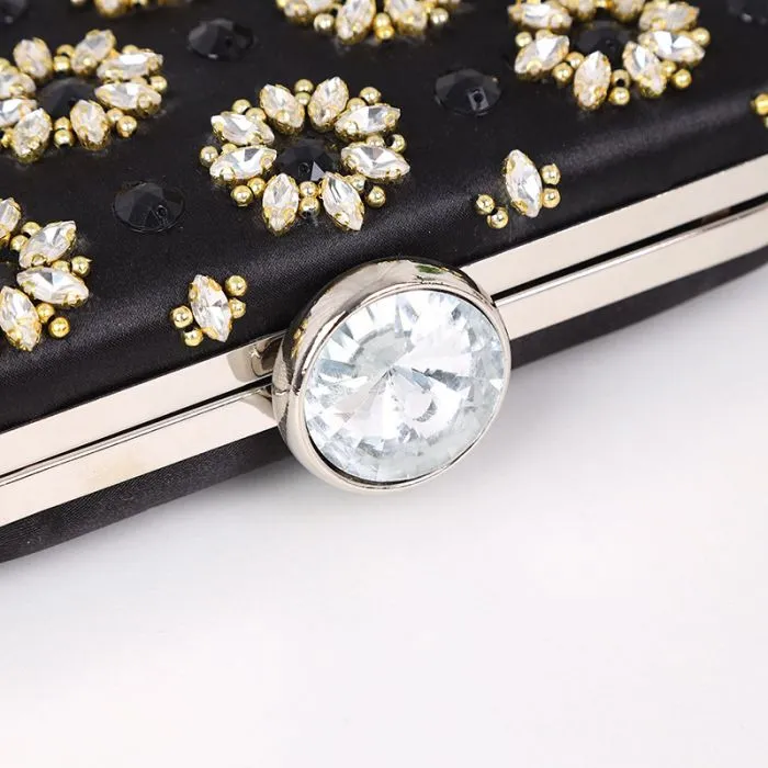 Crystal flowers hand craft clutch bag in Black