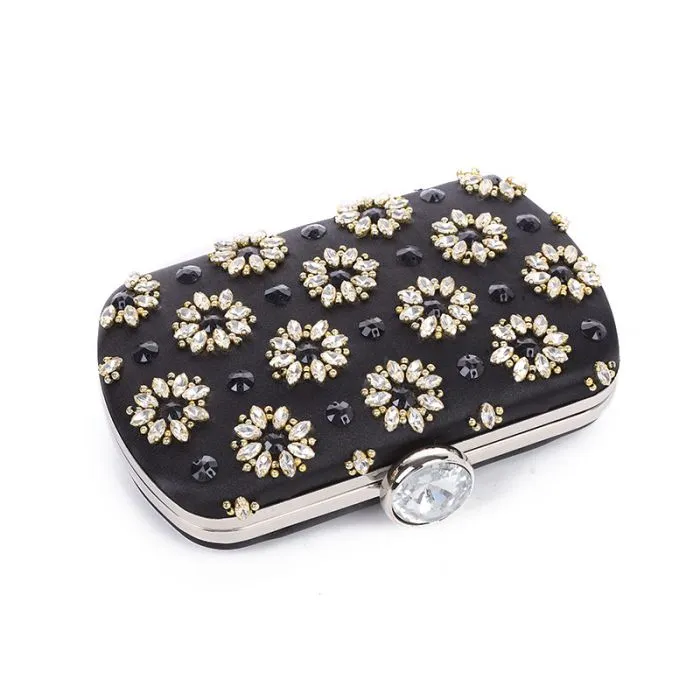 Crystal flowers hand craft clutch bag in Black