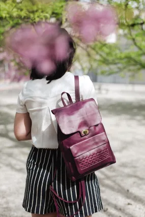 DAPH Magenta Leather Backpack with Woven Accent on Front Pocket