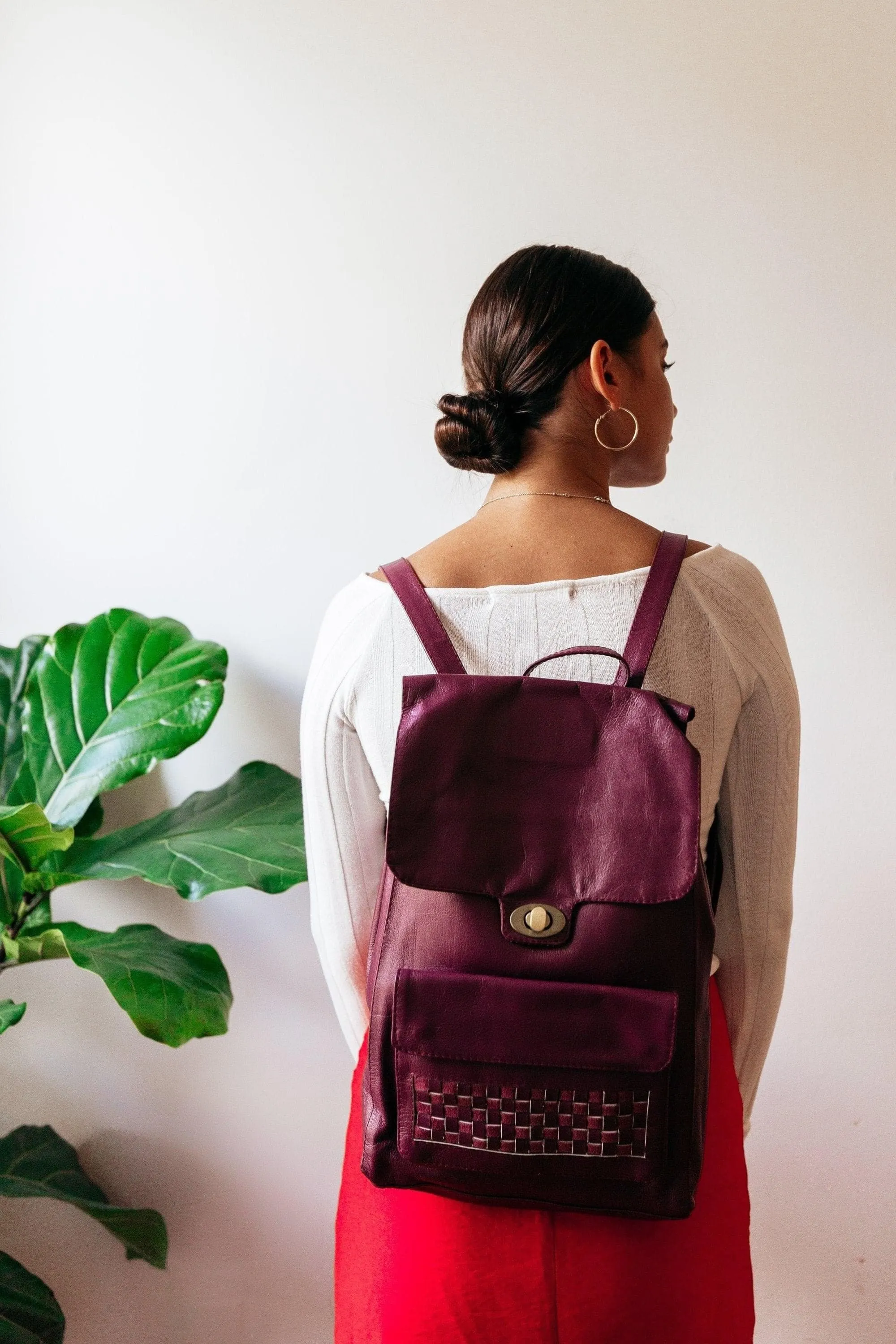 DAPH Magenta Leather Backpack with Woven Accent on Front Pocket