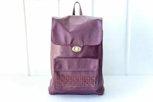 DAPH Magenta Leather Backpack with Woven Accent on Front Pocket