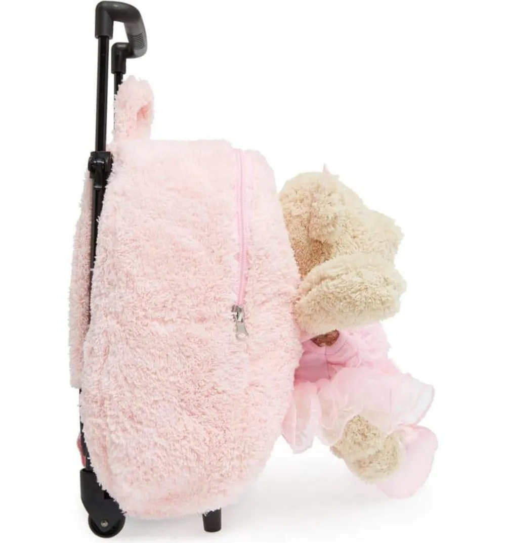 Popatu Kid's Ballerina Bear Pink Rolling Backpack with Removable Plush