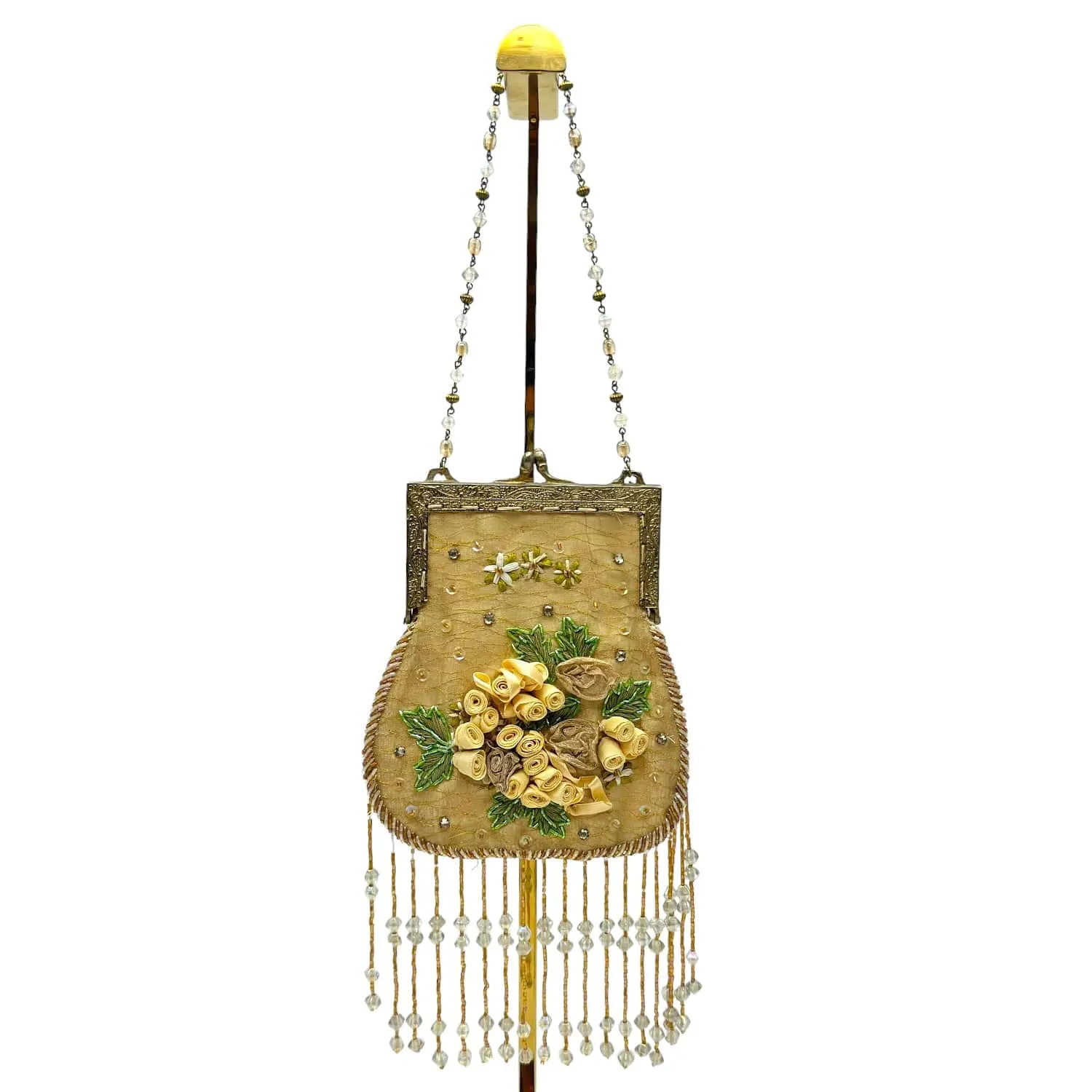 Vintage Floral & Beaded Evening Bag - Champagne Gold